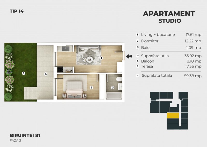 Metrou Berceni, apartament tip studio, curte proprie 17 mp, comision 0%.